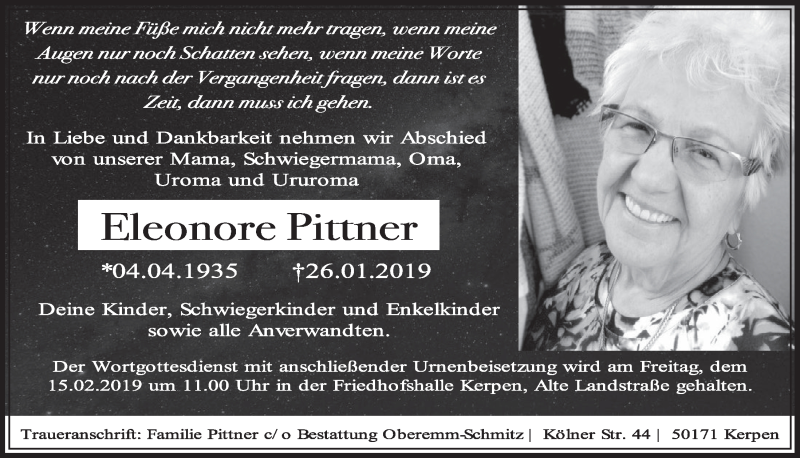  Traueranzeige für Eleonore Pittner vom 09.02.2019 aus  Sonntags-Post 