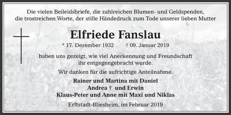  Traueranzeige für Elfriede Fanslau vom 13.02.2019 aus  Werbepost 