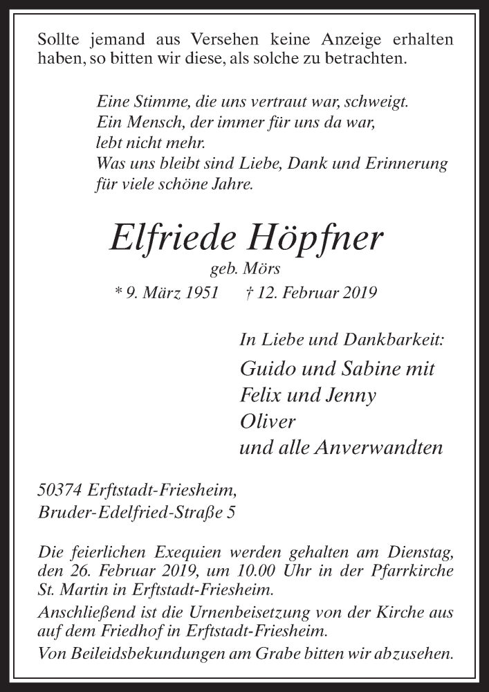  Traueranzeige für Elfriede Höpfner vom 20.02.2019 aus  Werbepost 