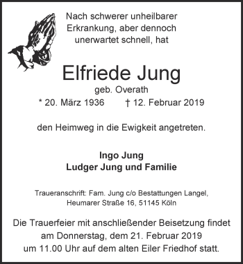 Anzeige von Elfriede Jung von  Kölner Wochenspiegel 