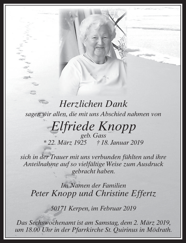  Traueranzeige für Elfriede Knopp vom 20.02.2019 aus  Werbepost 