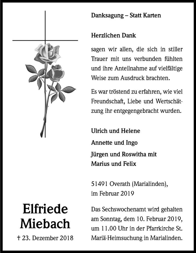  Traueranzeige für Elfriede Miebach vom 02.02.2019 aus Kölner Stadt-Anzeiger / Kölnische Rundschau / Express