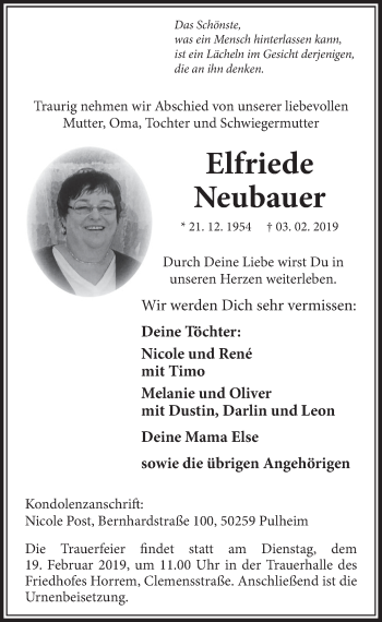 Anzeige von Elfriede Neubauer von  Sonntags-Post 