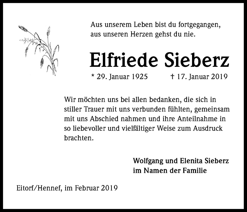  Traueranzeige für Elfriede Sieberz vom 23.02.2019 aus Kölner Stadt-Anzeiger / Kölnische Rundschau / Express