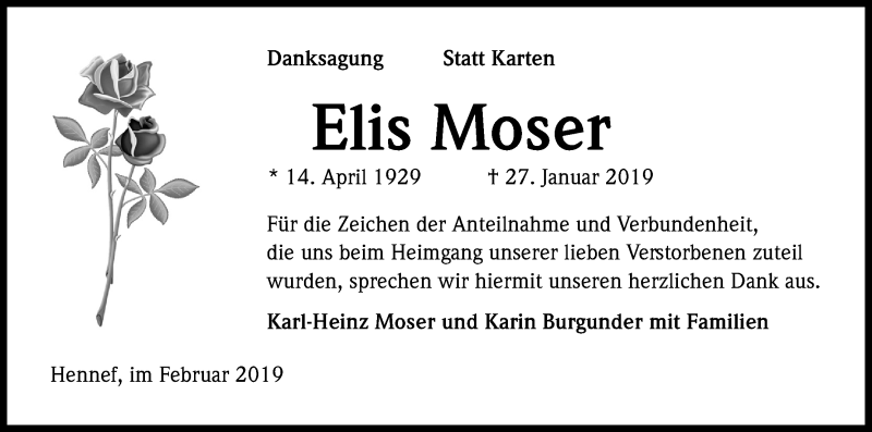  Traueranzeige für Elis Moser vom 23.02.2019 aus Kölner Stadt-Anzeiger / Kölnische Rundschau / Express