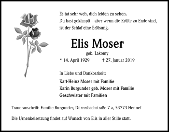 Anzeige von Elis Moser von Kölner Stadt-Anzeiger / Kölnische Rundschau / Express
