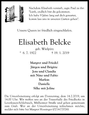 Anzeige von Elisabeth Belcke von Kölner Stadt-Anzeiger / Kölnische Rundschau / Express