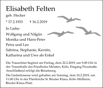 Anzeige von Elisabeth Felten von Kölner Stadt-Anzeiger / Kölnische Rundschau / Express
