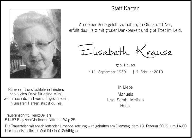 Traueranzeige für Elisabeth Krause vom 16.02.2019 aus  Bergisches Sonntagsblatt 