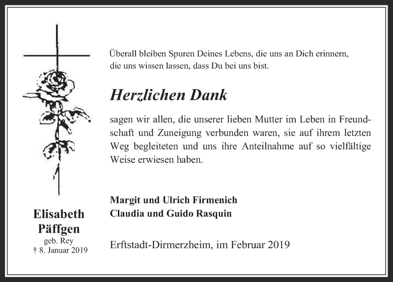  Traueranzeige für Elisabeth Päffgen vom 13.02.2019 aus  Werbepost 