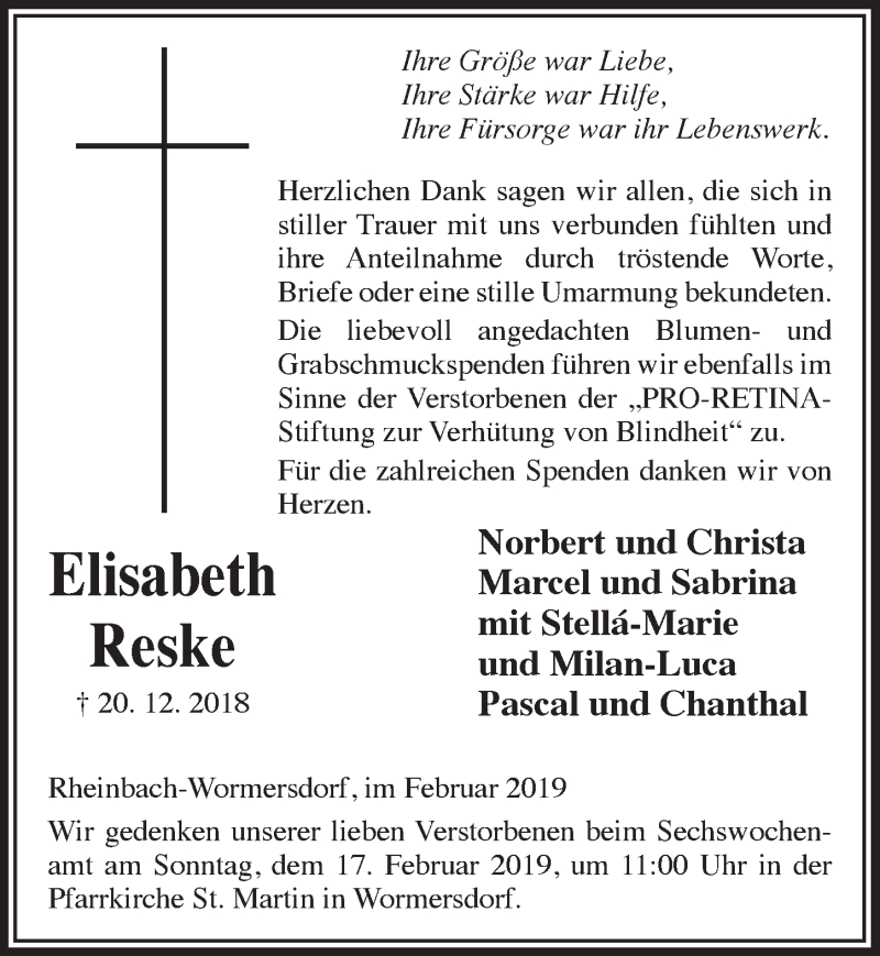  Traueranzeige für Elisabeth Reske vom 06.02.2019 aus  Schaufenster/Blickpunkt 