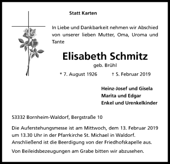 Anzeige von Elisabeth Schmitz von Kölner Stadt-Anzeiger / Kölnische Rundschau / Express