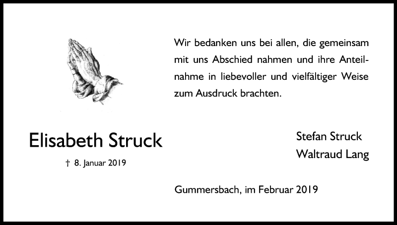  Traueranzeige für Elisabeth Struck vom 08.02.2019 aus Kölner Stadt-Anzeiger / Kölnische Rundschau / Express