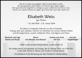 Anzeige von Elisabeth Weiss von Kölner Stadt-Anzeiger / Kölnische Rundschau / Express