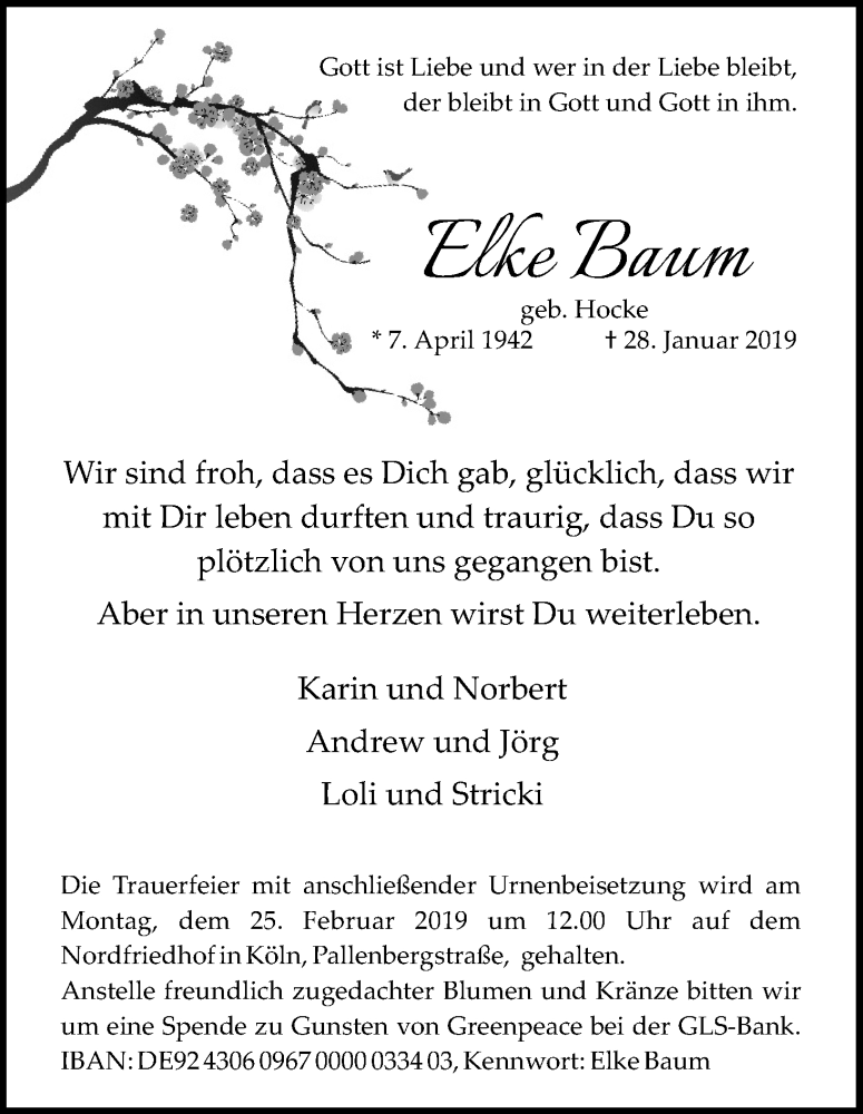  Traueranzeige für Elke Baum vom 16.02.2019 aus Kölner Stadt-Anzeiger / Kölnische Rundschau / Express