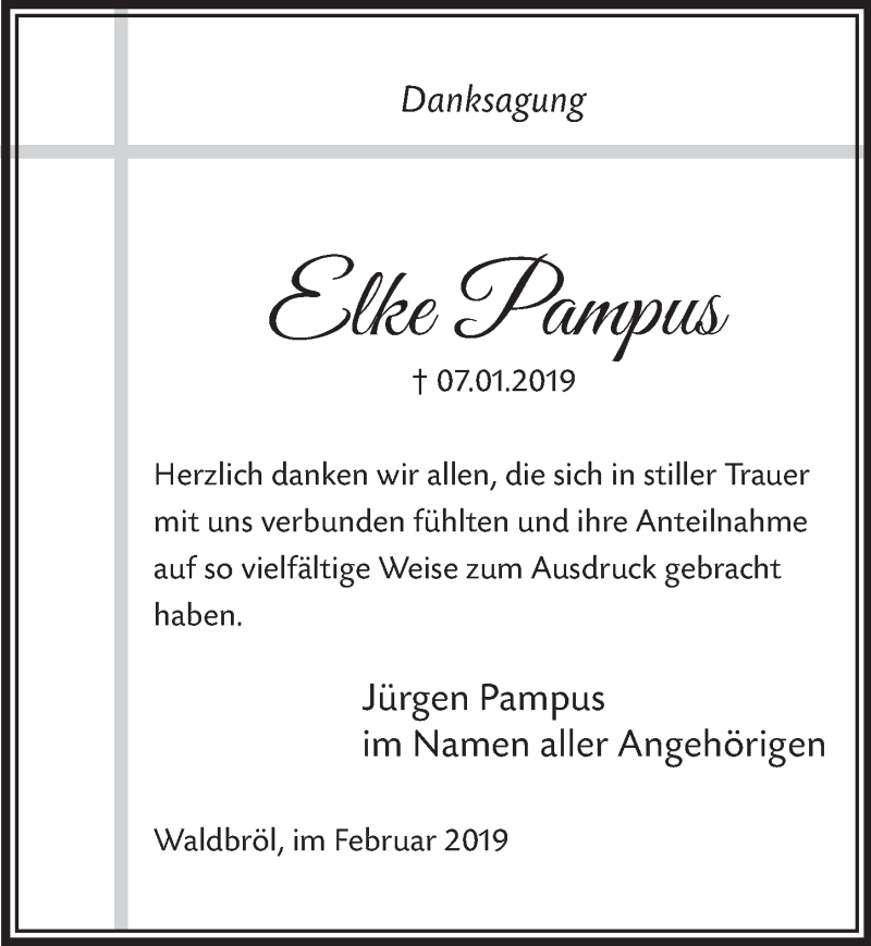  Traueranzeige für Elke Pampus vom 20.02.2019 aus  Lokalanzeiger 