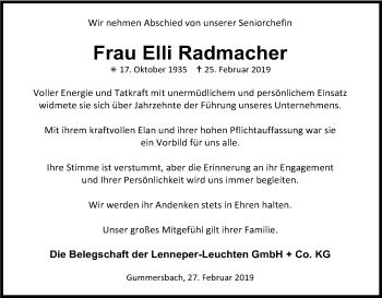 Anzeige von Elli Radmacher von Kölner Stadt-Anzeiger / Kölnische Rundschau / Express
