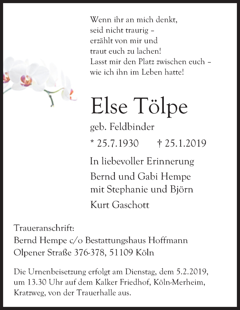  Traueranzeige für Else Tölpe vom 02.02.2019 aus Kölner Stadt-Anzeiger / Kölnische Rundschau / Express