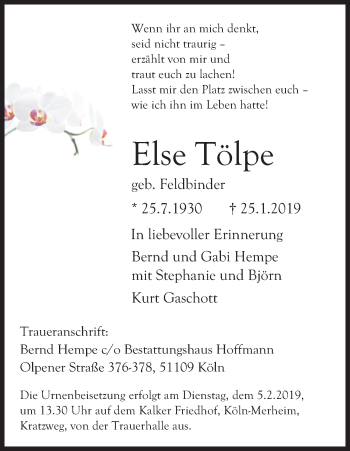 Anzeige von Else Tölpe von Kölner Stadt-Anzeiger / Kölnische Rundschau / Express