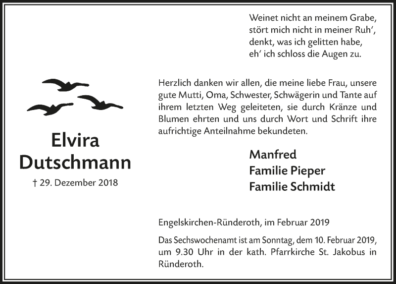  Traueranzeige für Elvira Dutschmann vom 06.02.2019 aus  Anzeigen Echo 