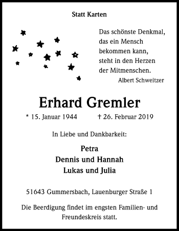Anzeige von Erhard Gremler von Kölner Stadt-Anzeiger / Kölnische Rundschau / Express