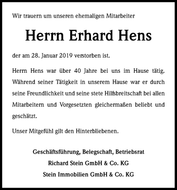 Anzeige von Erhard Hens von Kölner Stadt-Anzeiger / Kölnische Rundschau / Express