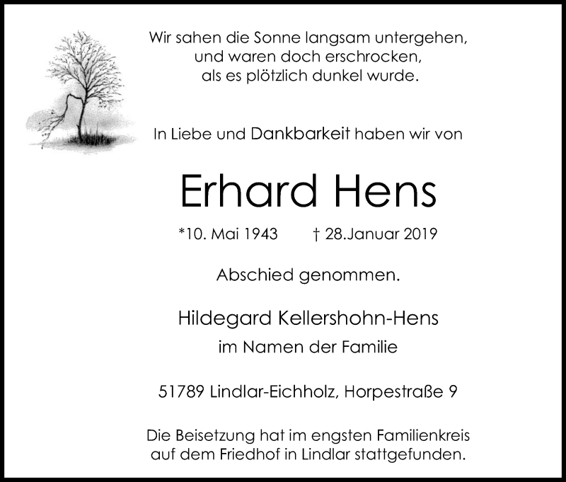  Traueranzeige für Erhard Hens vom 09.02.2019 aus Kölner Stadt-Anzeiger / Kölnische Rundschau / Express