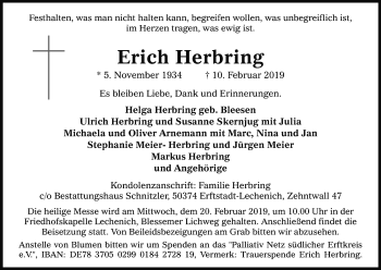 Anzeige von Erich Herbring von Kölner Stadt-Anzeiger / Kölnische Rundschau / Express