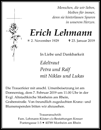 Anzeige von Erich Lehmann von Kölner Stadt-Anzeiger / Kölnische Rundschau / Express