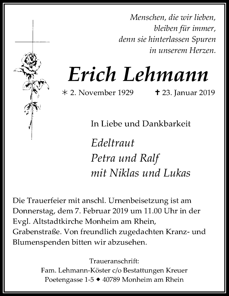  Traueranzeige für Erich Lehmann vom 02.02.2019 aus Kölner Stadt-Anzeiger / Kölnische Rundschau / Express