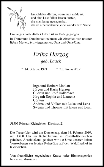 Anzeige von Erika Herzog von Kölner Stadt-Anzeiger / Kölnische Rundschau / Express