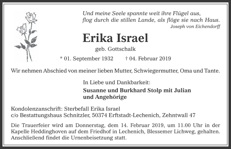  Traueranzeige für Erika Israel vom 13.02.2019 aus  Werbepost 