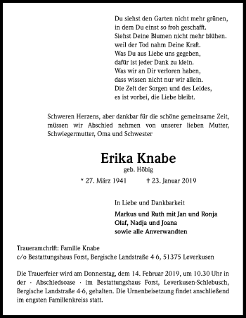Anzeige von Erika Knabe von Kölner Stadt-Anzeiger / Kölnische Rundschau / Express