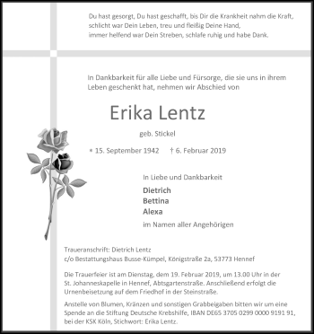 Anzeige von Erika Lentz von Kölner Stadt-Anzeiger / Kölnische Rundschau / Express