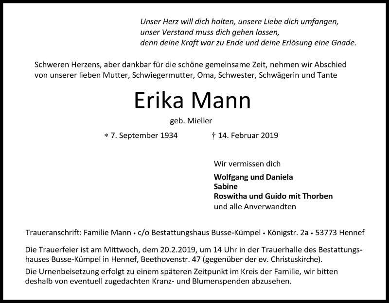  Traueranzeige für Erika Mann vom 16.02.2019 aus Kölner Stadt-Anzeiger / Kölnische Rundschau / Express