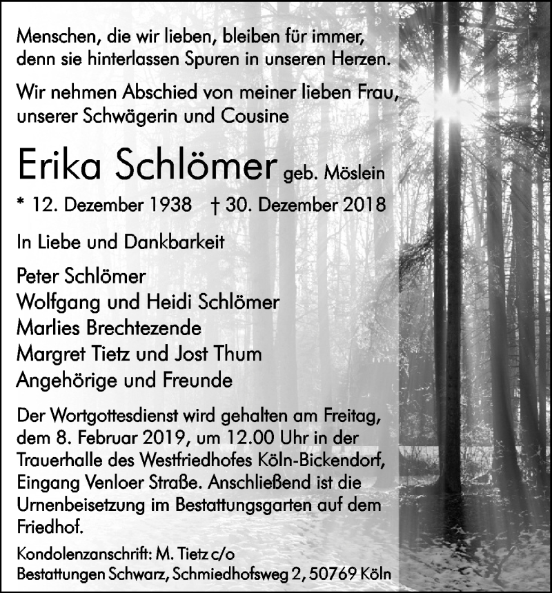  Traueranzeige für Erika Schlömer vom 02.02.2019 aus Kölner Stadt-Anzeiger / Kölnische Rundschau / Express