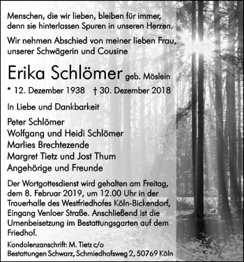 Anzeige von Erika Schlömer von Kölner Stadt-Anzeiger / Kölnische Rundschau / Express