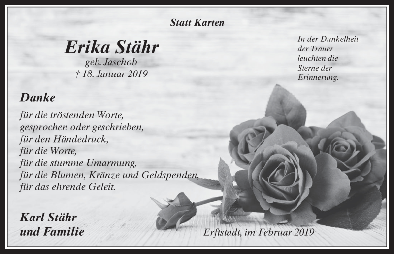  Traueranzeige für Erika Stähr vom 20.02.2019 aus  Werbepost 