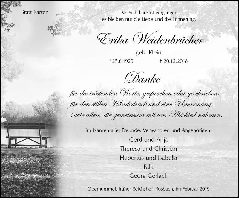 Traueranzeige für Erika Weidenbrücher vom 20.02.2019 aus  Lokalanzeiger 