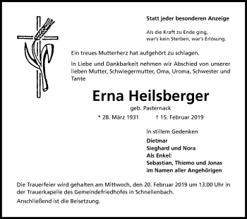 Anzeige von Erna Heilsberger von Kölner Stadt-Anzeiger / Kölnische Rundschau / Express