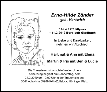 Anzeige von Erna-Hilde Zänder von Kölner Stadt-Anzeiger / Kölnische Rundschau / Express