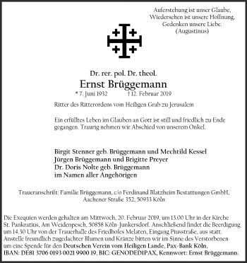 Anzeige von Ernst Brüggemann von Kölner Stadt-Anzeiger / Kölnische Rundschau / Express