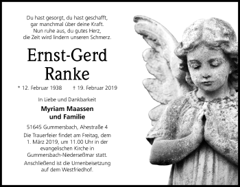 Anzeige von Ernst-Gerd Ranke von Kölner Stadt-Anzeiger / Kölnische Rundschau / Express