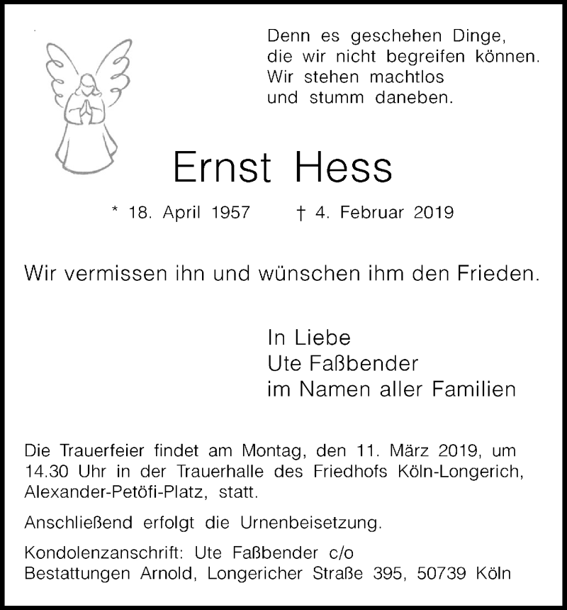  Traueranzeige für Ernst Hess vom 23.02.2019 aus Kölner Stadt-Anzeiger / Kölnische Rundschau / Express