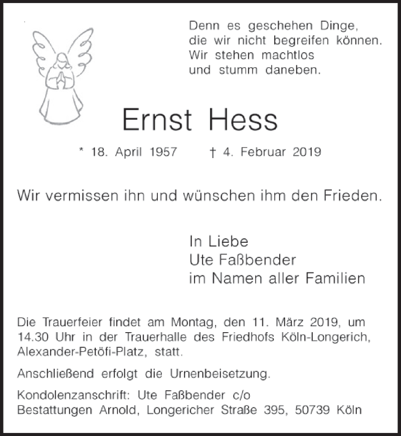  Traueranzeige für Ernst Hess vom 23.02.2019 aus  Sonntags-Post 