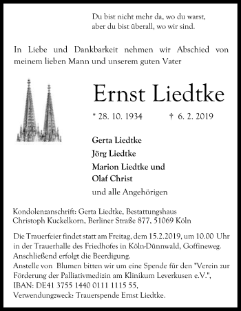 Anzeige von Ernst Liedtke von Kölner Stadt-Anzeiger / Kölnische Rundschau / Express