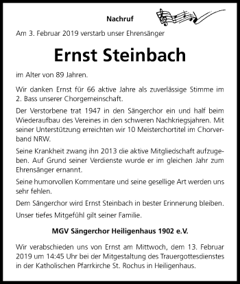 Anzeige von Ernst Steinbach von Kölner Stadt-Anzeiger / Kölnische Rundschau / Express