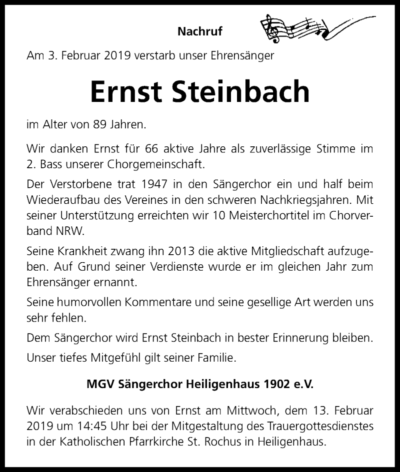  Traueranzeige für Ernst Steinbach vom 12.02.2019 aus Kölner Stadt-Anzeiger / Kölnische Rundschau / Express