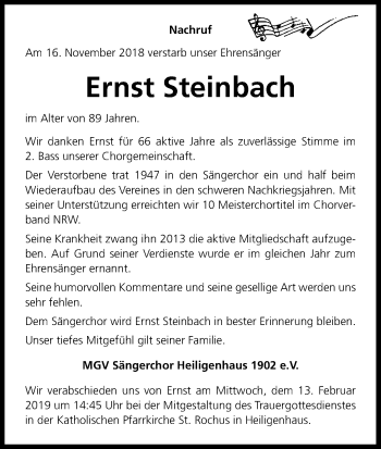 Anzeige von Ernst Steinbach von Kölner Stadt-Anzeiger / Kölnische Rundschau / Express