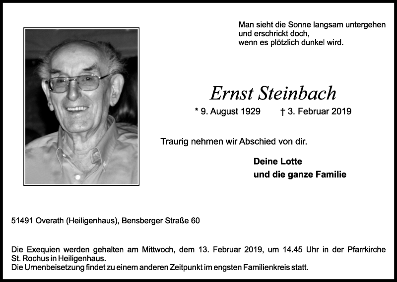  Traueranzeige für Ernst Steinbach vom 09.02.2019 aus Kölner Stadt-Anzeiger / Kölnische Rundschau / Express